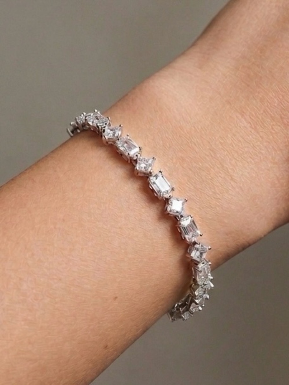 Platinum Plated Tennis Bracelet with Emerald & Princess Cut CZ | Dainty Jewelry